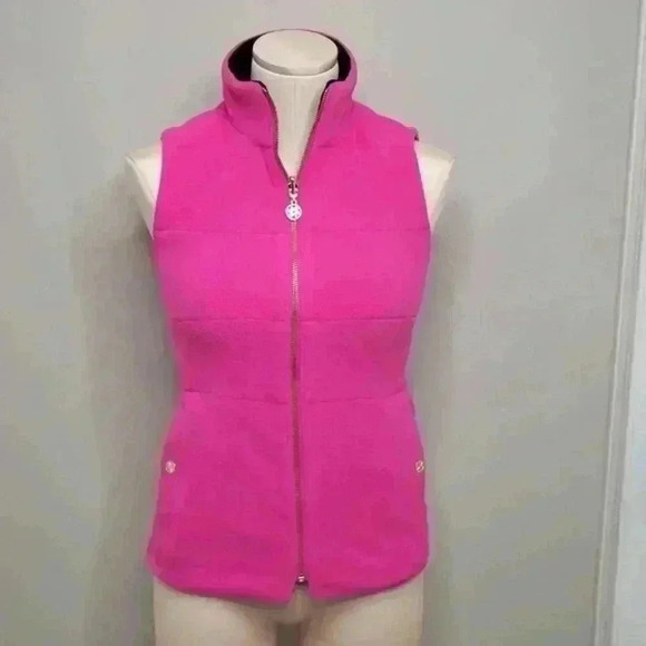 Lilly Pulitzer Brooklee REVERSIBLE Fleece Vest XXS in Pink Grenadine/Black - Picture 4 of 14